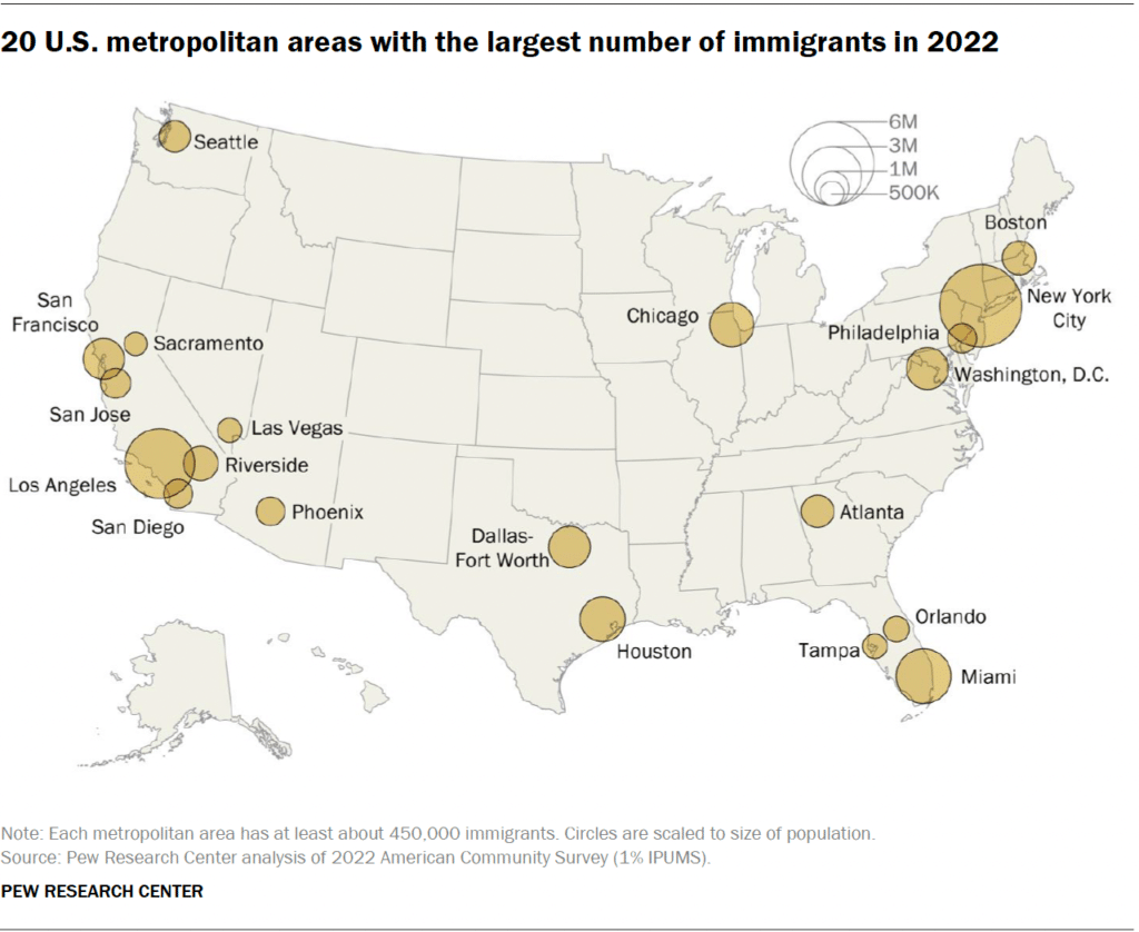 20 US metropolitan areas with the largest number of immigrants in 2022